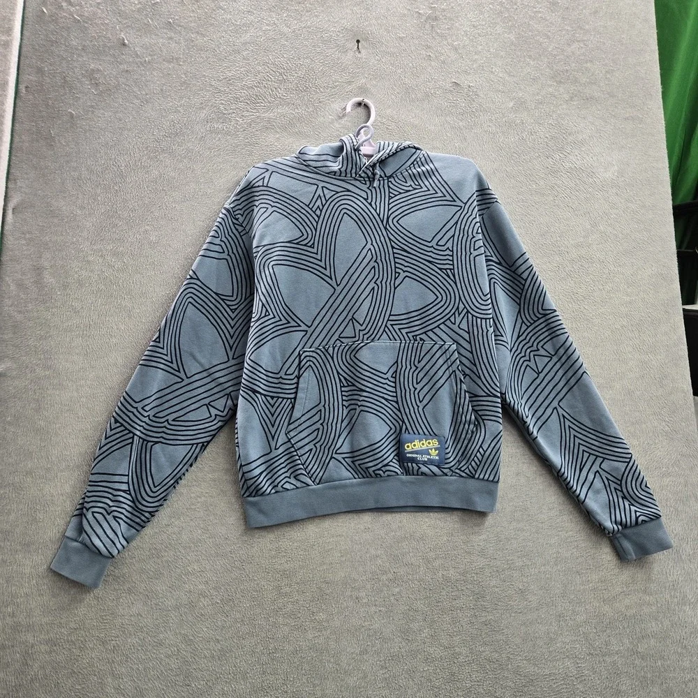 Adidas Men Sweatshirt S Blue Geometric Fleece Club Allover Print Logo Pullover